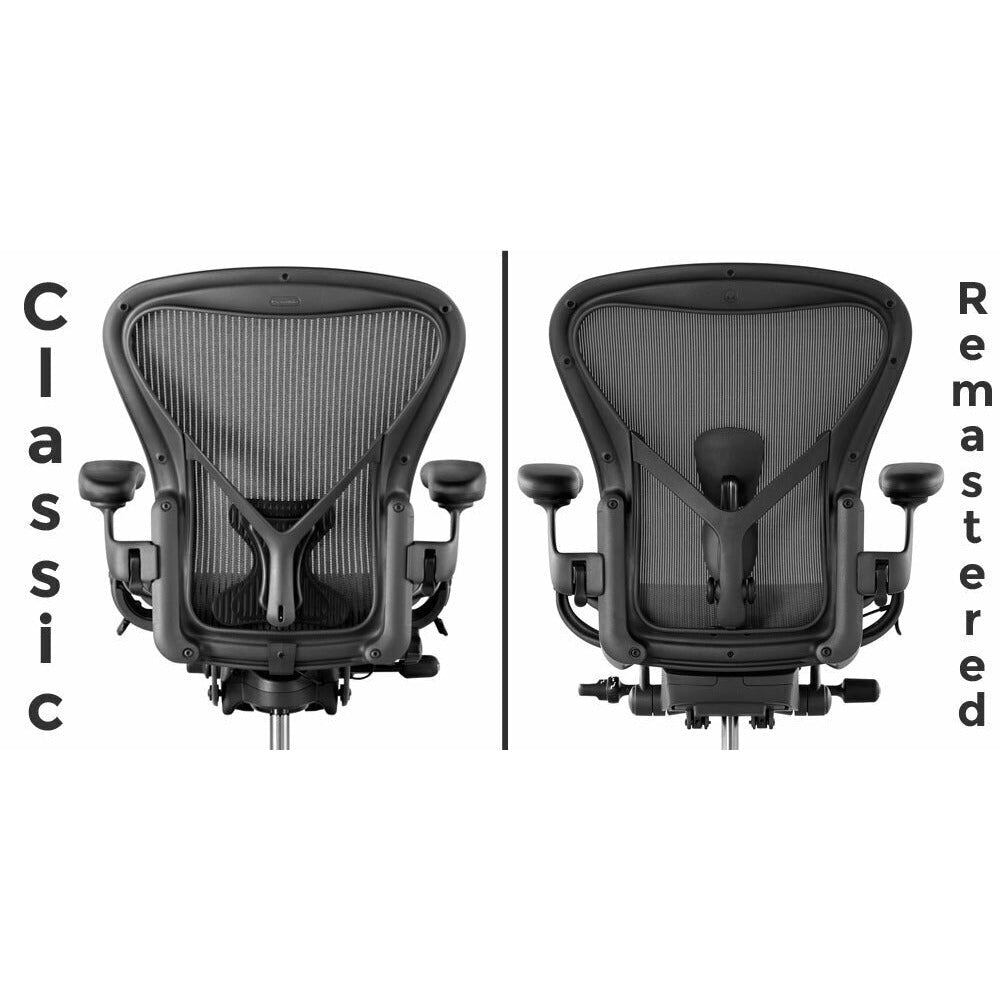Herman Miller Aeron Classic and Aeron Remastered chairs side by side, seen from the front