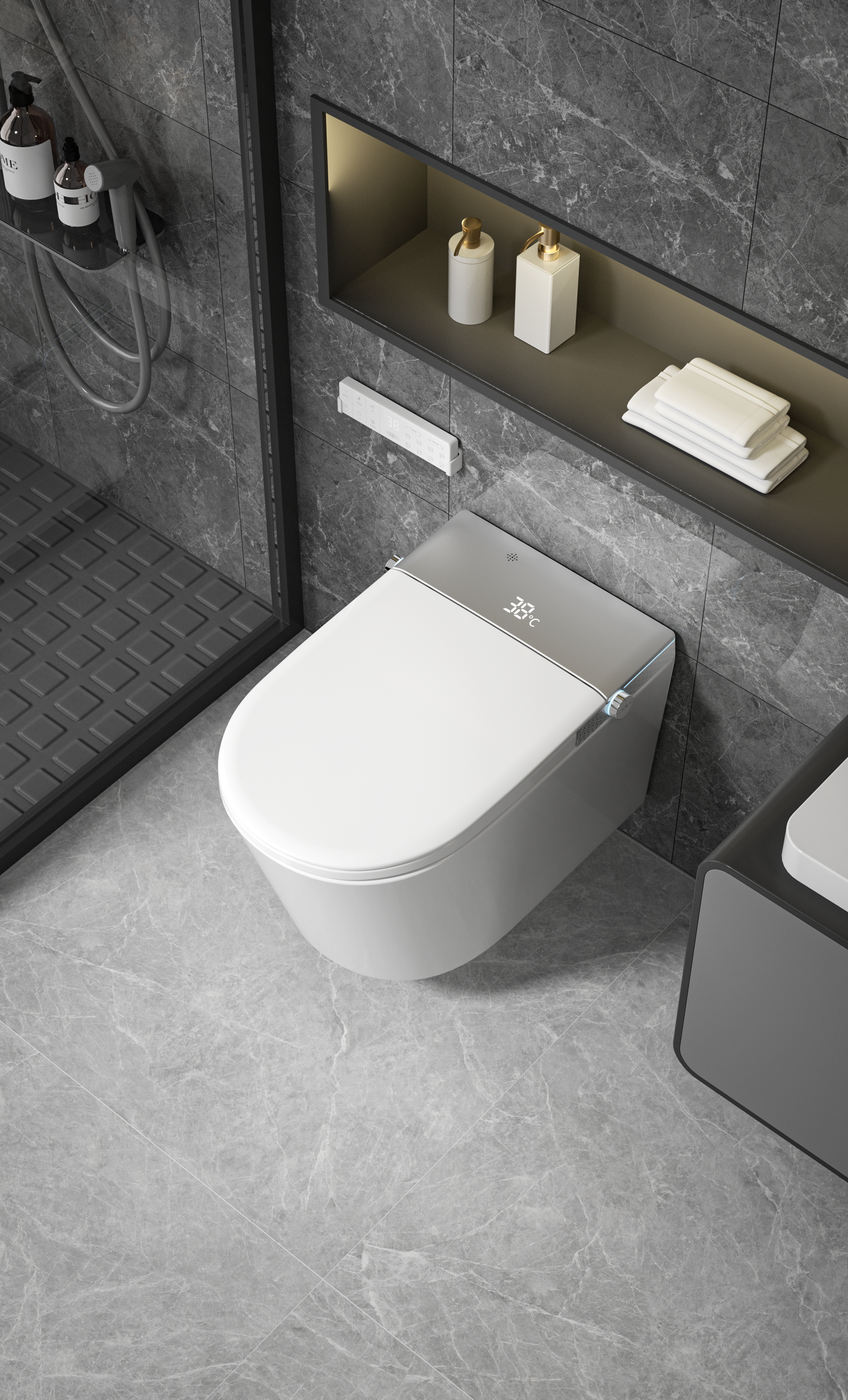 Modern Japanese Wall-Hung Smart Toilet – Heated Seat, Remote Control, Self-Cleaning Bidet, Siphon-Jet Flush, Deodorizer, P-Trap 180 mm (Gloss White)