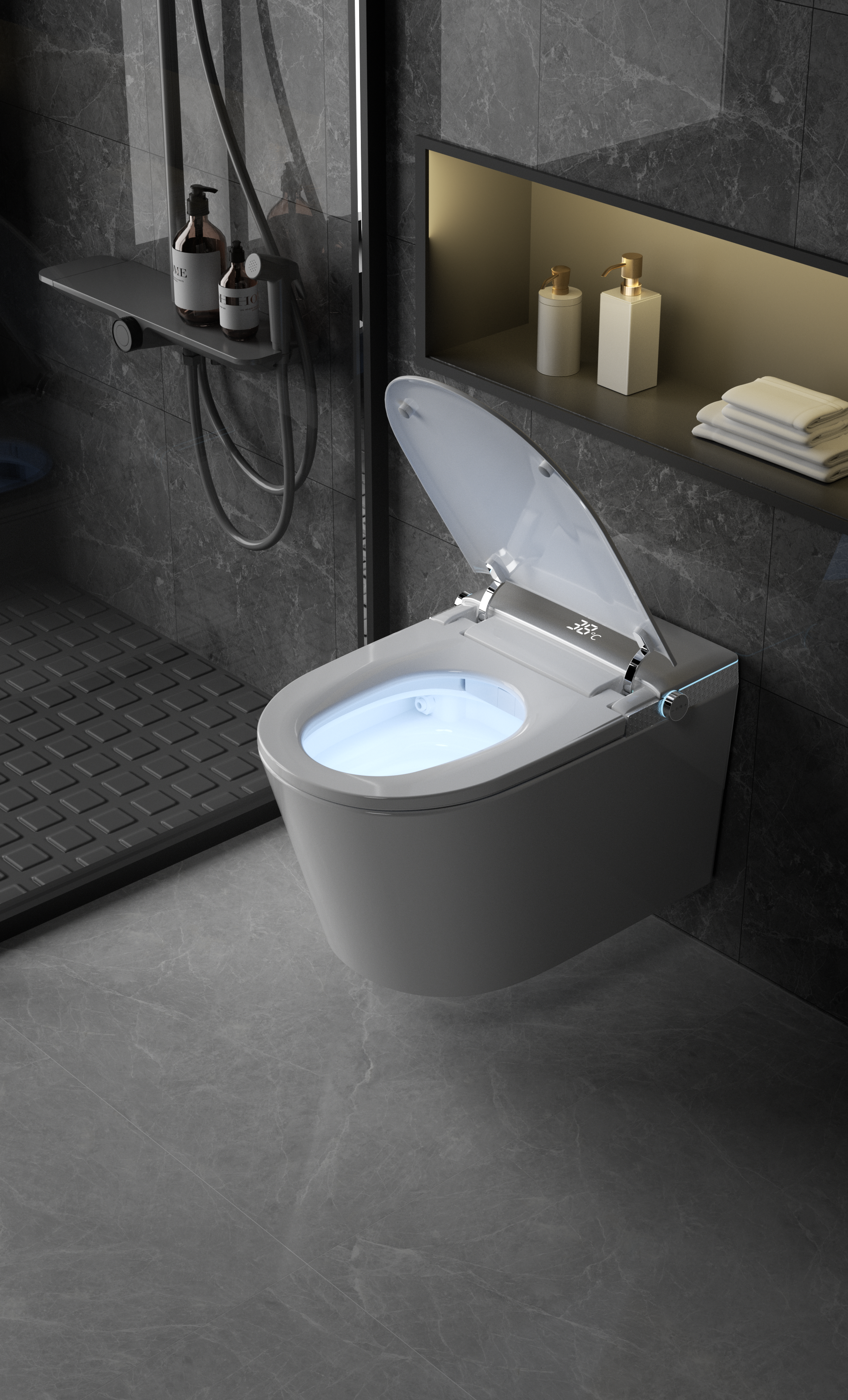 Modern Japanese Wall-Hung Smart Toilet – Heated Seat, Remote Control, Self-Cleaning Bidet, Siphon-Jet Flush, Deodorizer, P-Trap 180 mm (Gloss White)