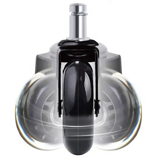 Black rollerblade chair wheel with clear hub, side view