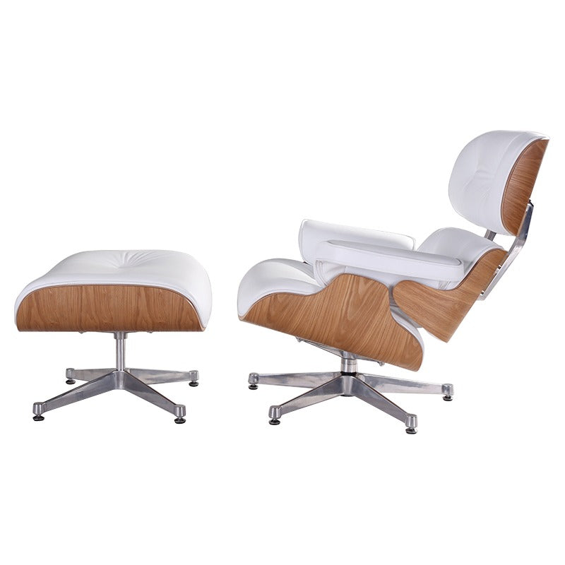 Eames Style Mid-Century Lounge Chair & Ottoman – Ash Wood, Italian Genuine Leather (White), Aluminium Polished Base – Brand New