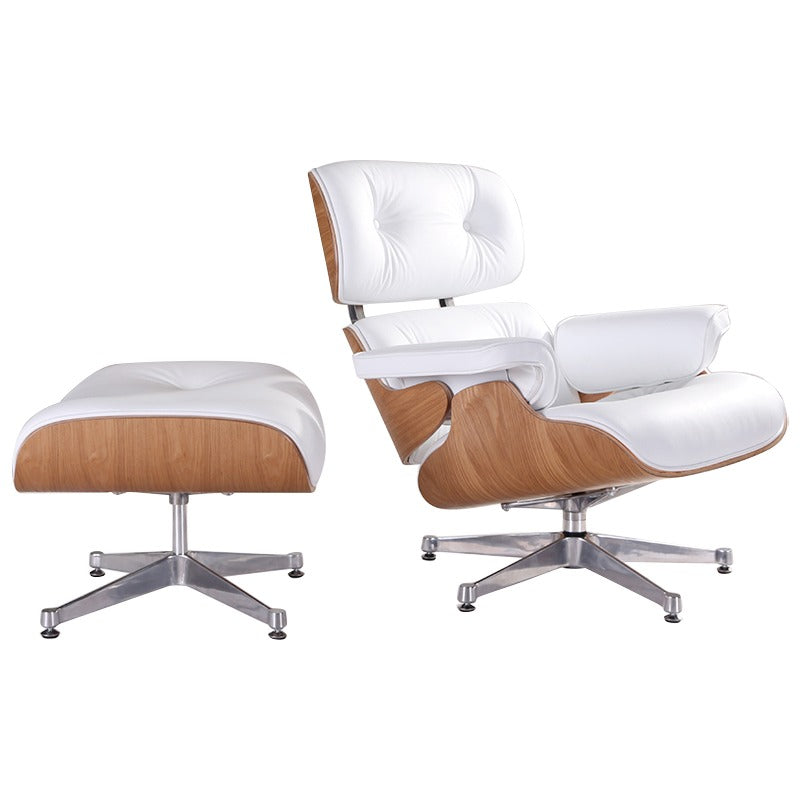 Eames Style Mid-Century Lounge Chair & Ottoman – Ash Wood, Italian Genuine Leather (White), Aluminium Polished Base – Brand New