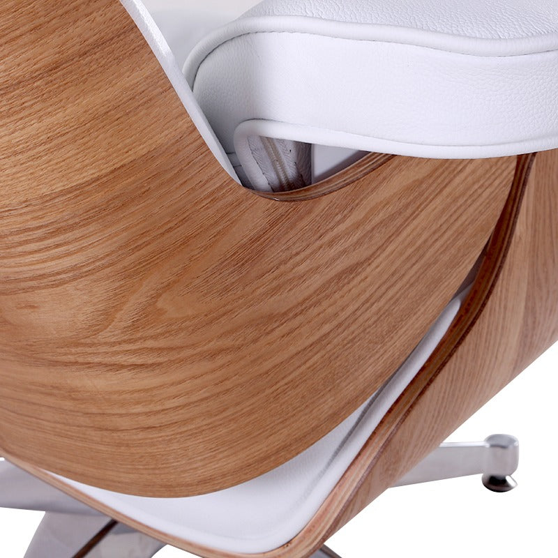Eames Style Mid-Century Lounge Chair & Ottoman – Ash Wood, Italian Genuine Leather (White), Aluminium Polished Base – Brand New