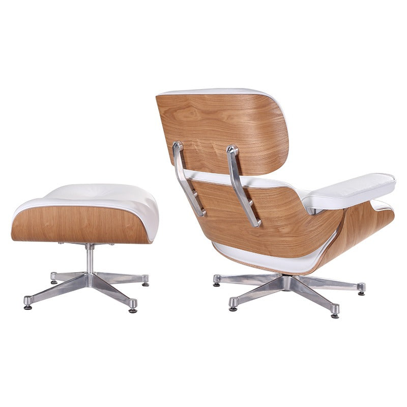 Eames Style Mid-Century Lounge Chair & Ottoman – Ash Wood, Italian Genuine Leather (White), Aluminium Polished Base – Brand New