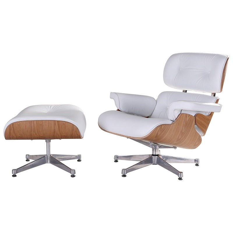 Eames Style Mid-Century Lounge Chair & Ottoman – Ash Wood, Italian Genuine Leather (White), Aluminium Polished Base – Brand New