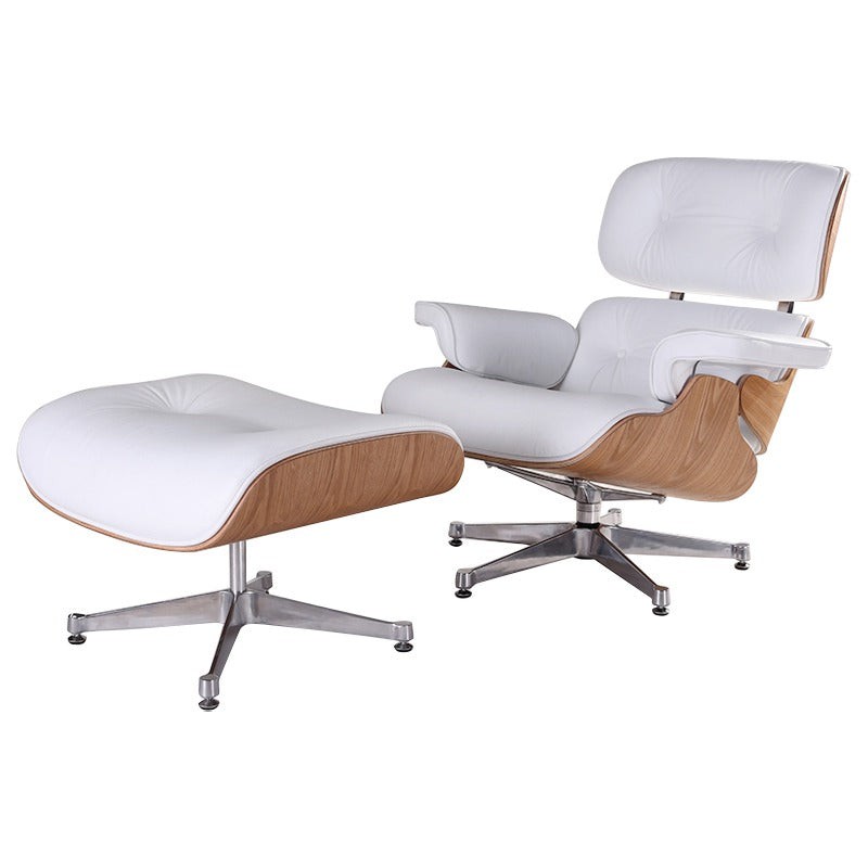 Eames Style Mid-Century Lounge Chair & Ottoman – Ash Wood, Italian Genuine Leather (White), Aluminium Polished Base – Brand New