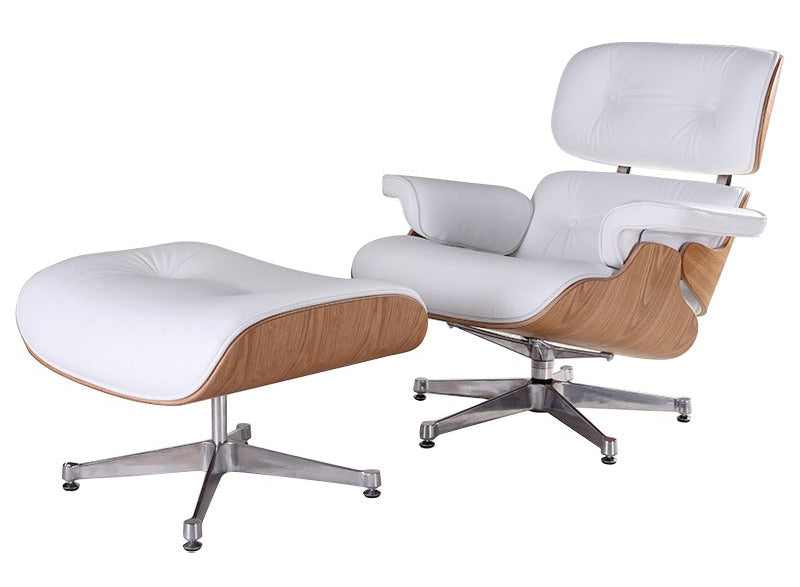 Eames Style Lounge Chair & Ottoman – White Italian Leather with Ash Wood Finish - HM Chairs
