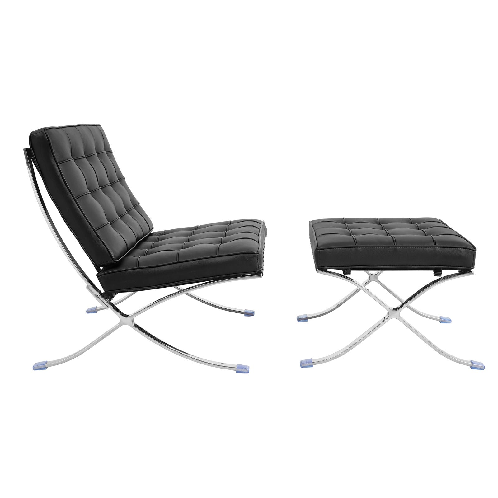 Barcelona Style Chair & Ottoman Stool Set - Black Italian Leather - Brand New