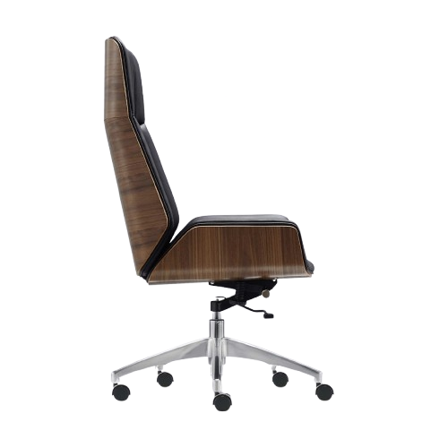 Premium High Back Office Chair – Black Italian Genuine Leather, Walnut Wood Frame & Chrome Base, Adjustable Swivel, Gas Lift & Tilt