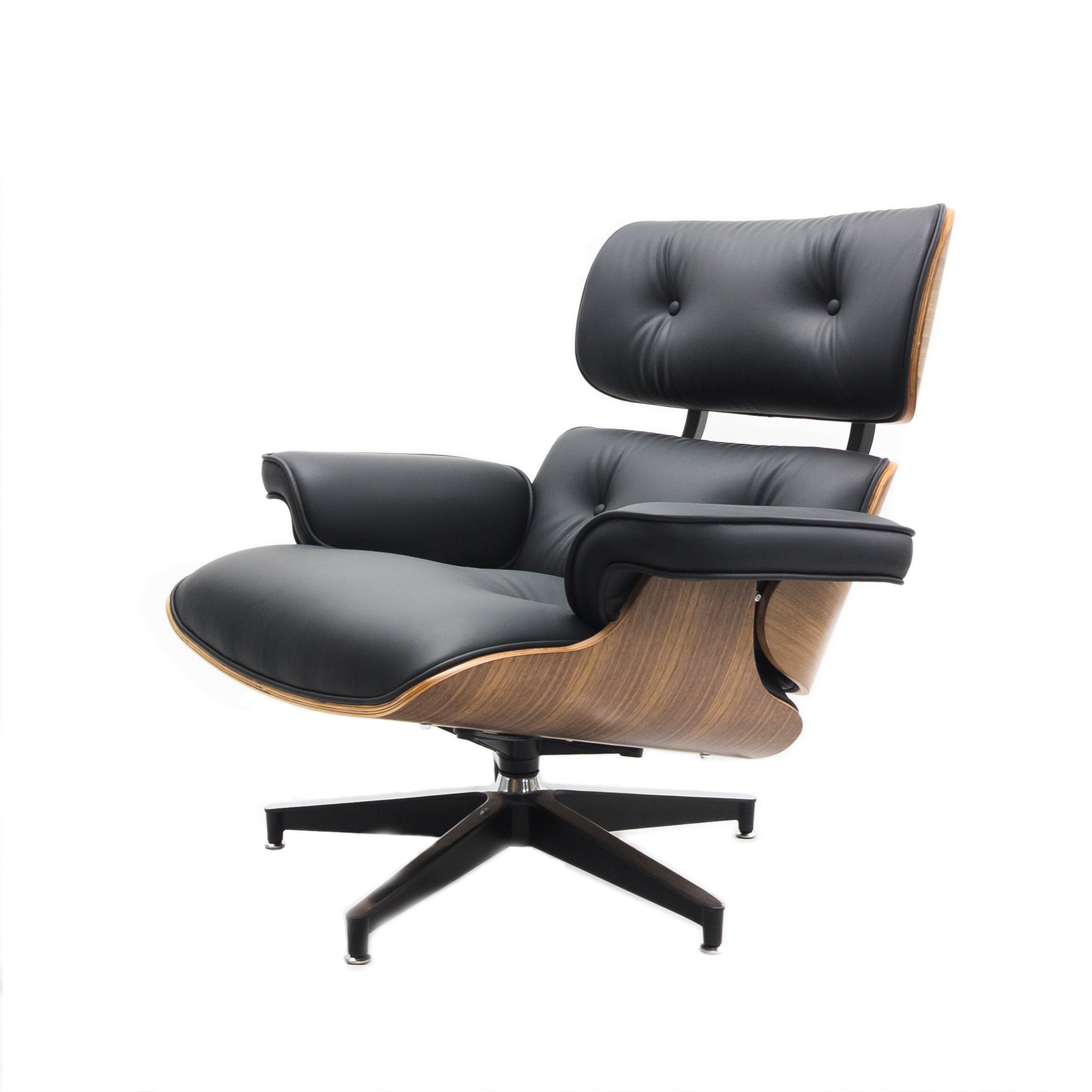 Modern Lounge Chair & Ottoman – Black PU Leather with Walnut Wood Finish