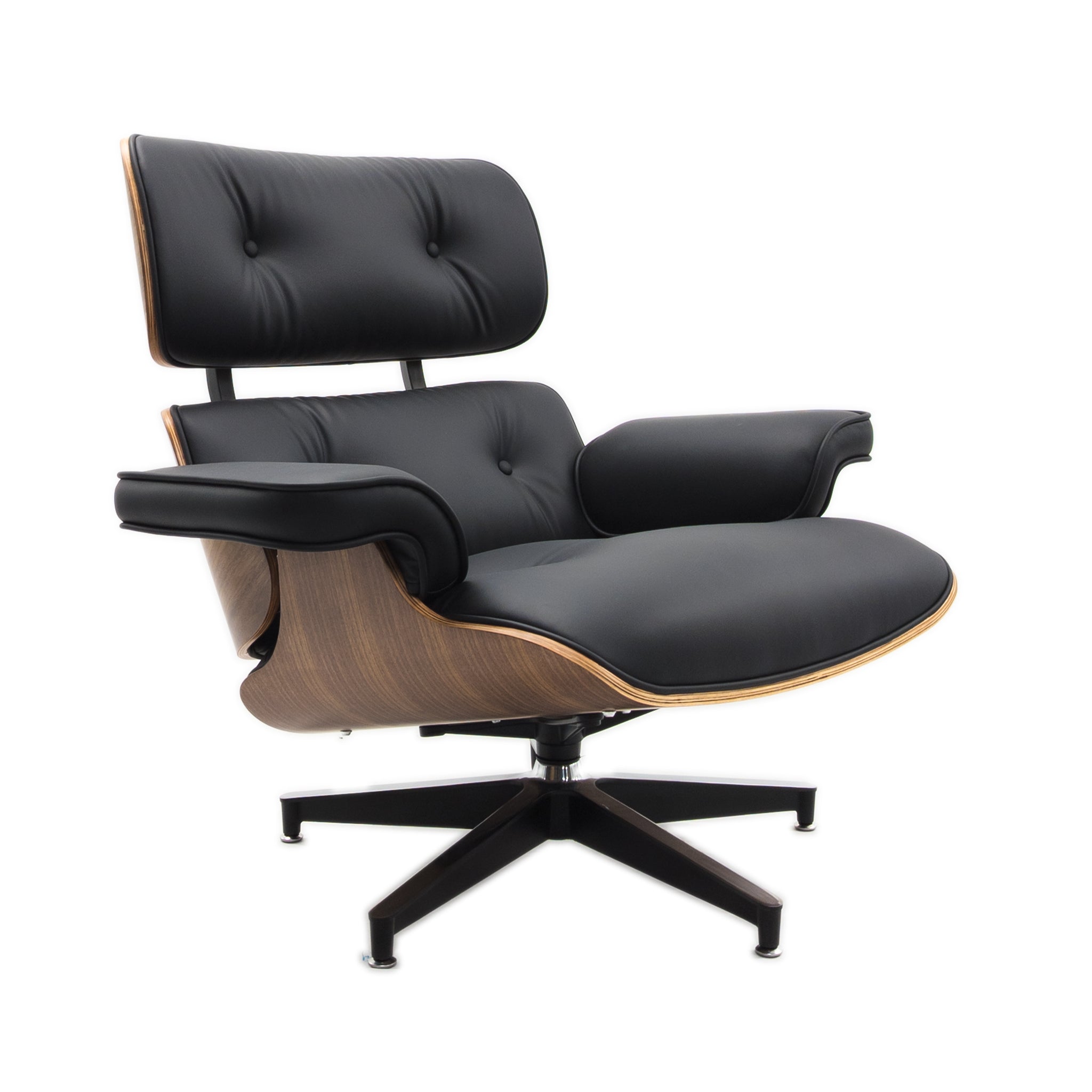 Eames Style Lounge Chair & Ottoman Walnut Wood Colour - Black Leather - Brand New - HM Chairs