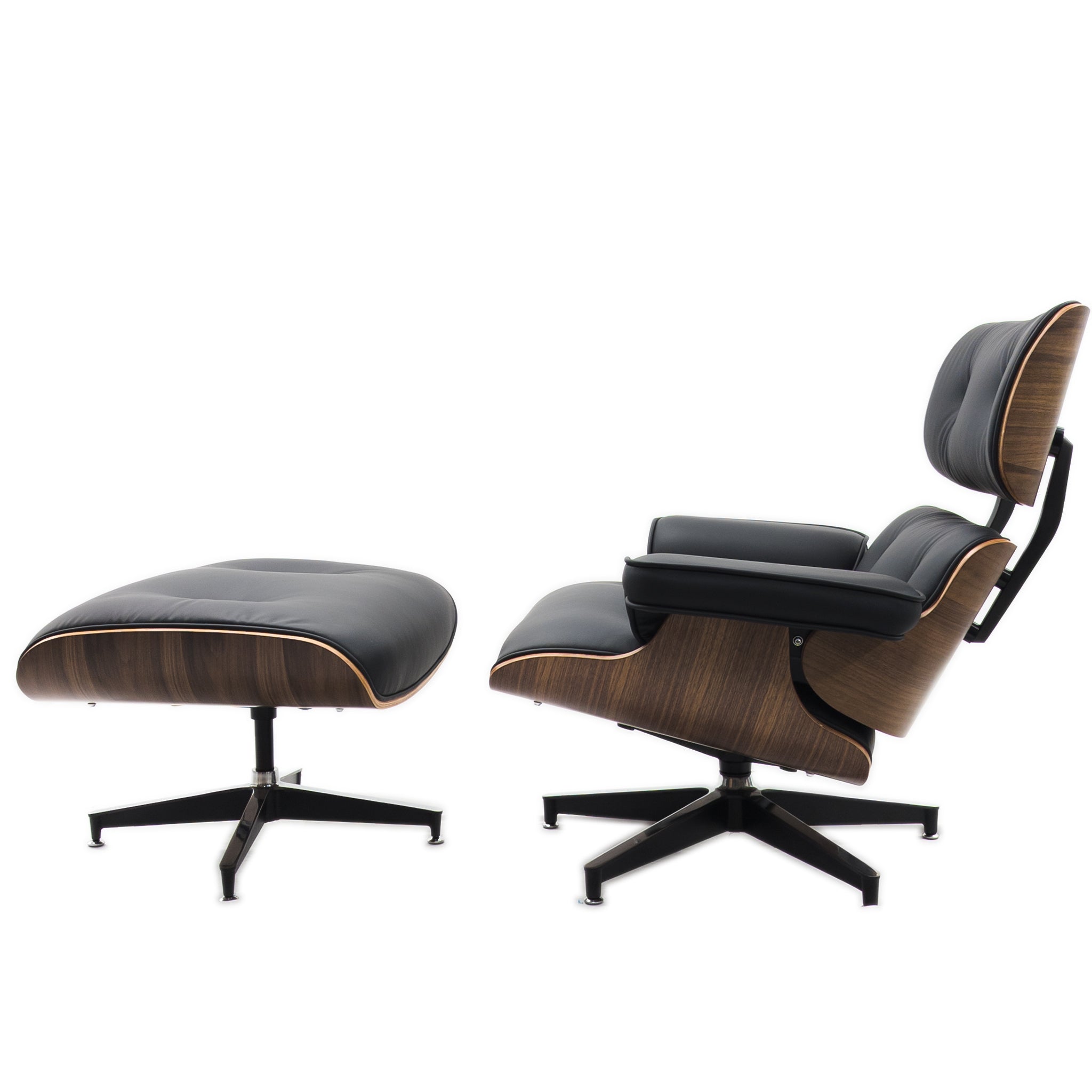 Eames Style Lounge Chair & Ottoman Walnut Wood Colour - Black Leather - Brand New - HM Chairs