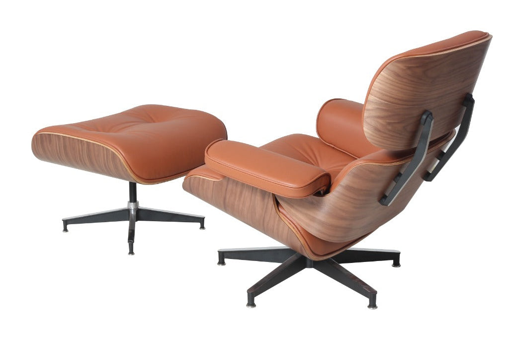 Eames Style Lounge Chair & Ottoman – Tan Italian Leather with Walnut Wood Finish (Brand New) - HM Chairs