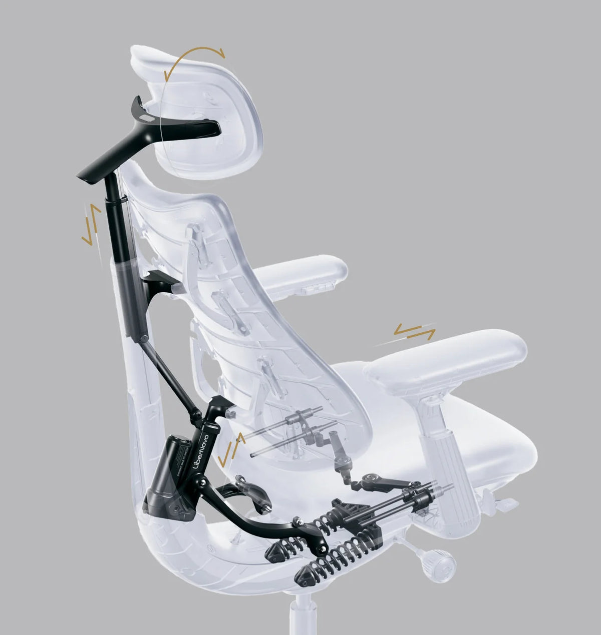 Cutaway of the LiberNovo Omni chair showing the dynamic back and headrest mechanism