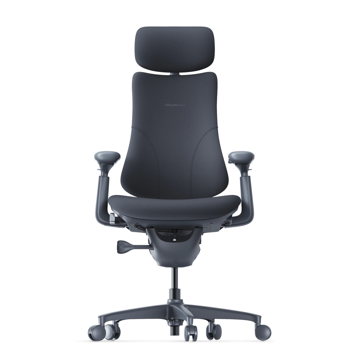 LiberNovo Omni ergonomic chair in Midnight Black, front view with headrest