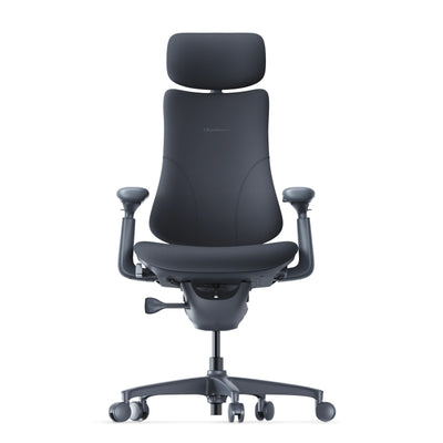 LiberNovo Omni ergonomic chair in Midnight Black, front view with headrest