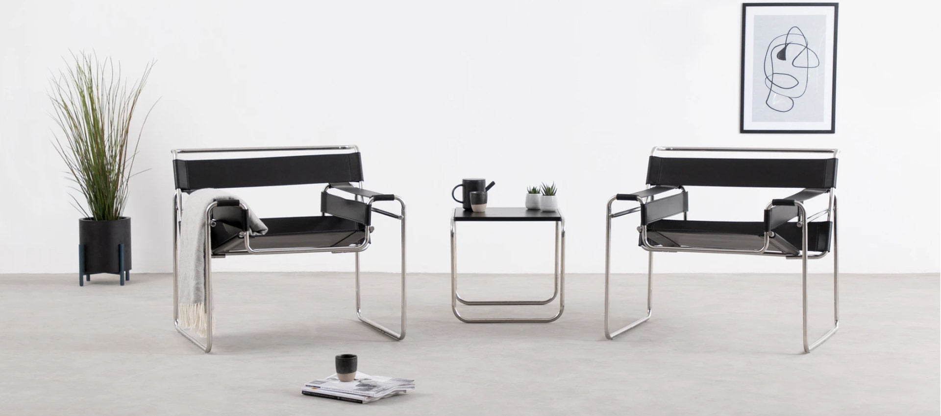 Wassily Style Lounge Chair – Black Italian Genuine Leather, Chrome Tubular Steel Frame (Brand New)