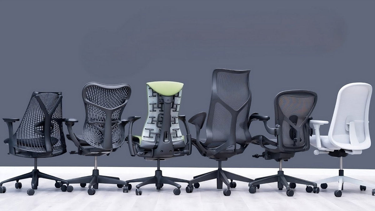 A row of Herman Miller office chairs seen from behind, including the Sayl, Mirra, Embody, Cosm and Aeron