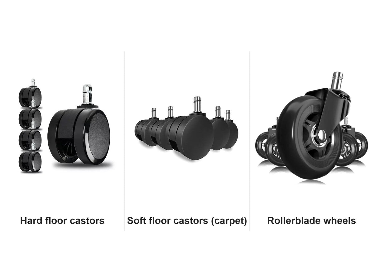 Hard floor castors, soft floor castors for carpet and rollerblade wheels side by side
