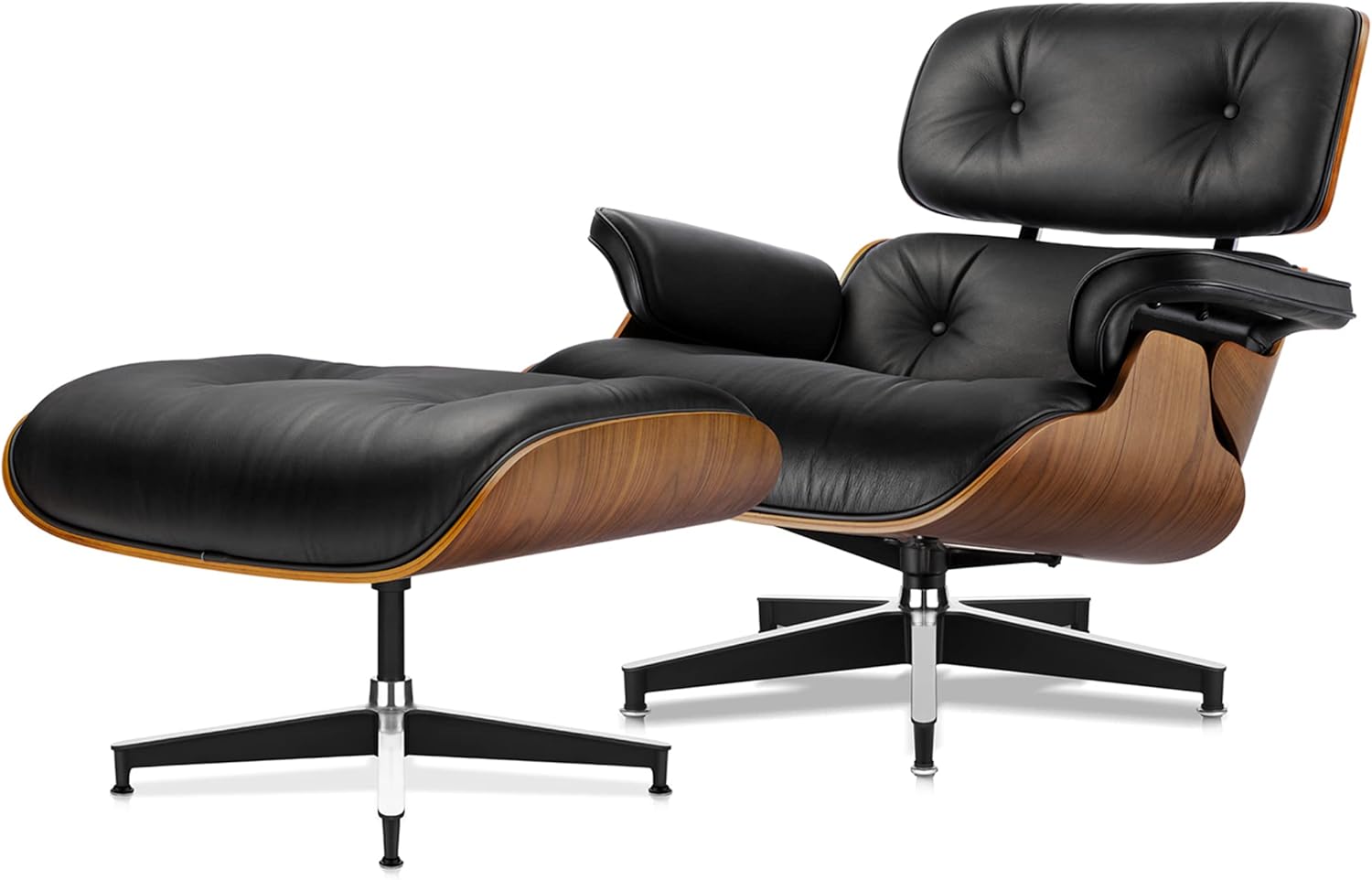 Eames Style Lounge Chair & Ottoman Walnut Wood Colour - Black Leather - Brand New