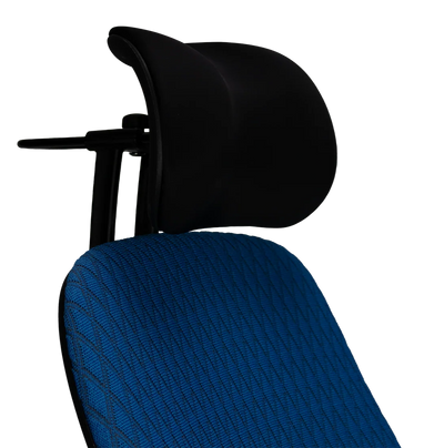 Atlas headrest in black fitted to a Steelcase Leap V2 chair, front angle