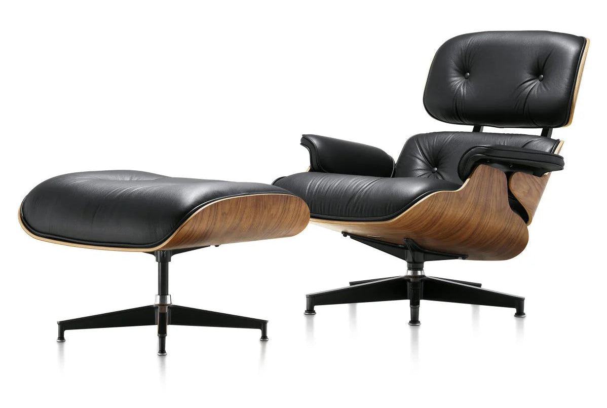 Modern Lounge Chair & Ottoman – Black PU Leather with Walnut Wood Finish