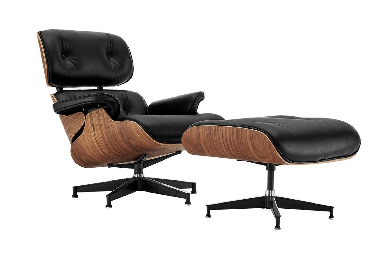 Eames Style Lounge Chair & Ottoman Walnut Wood Colour Black Leather New