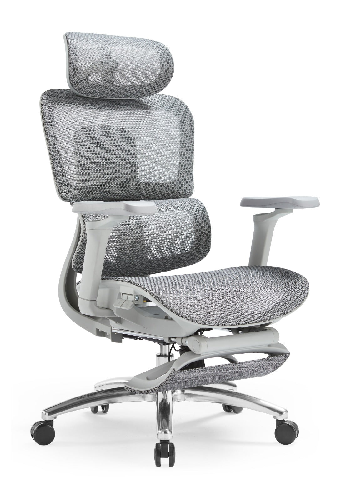 Ergonomic Executive Office Chair – Adjustable Headrest, 5D Armrests, Mesh Back, Footrest, Polished Aluminum Base – Grey - Brand New