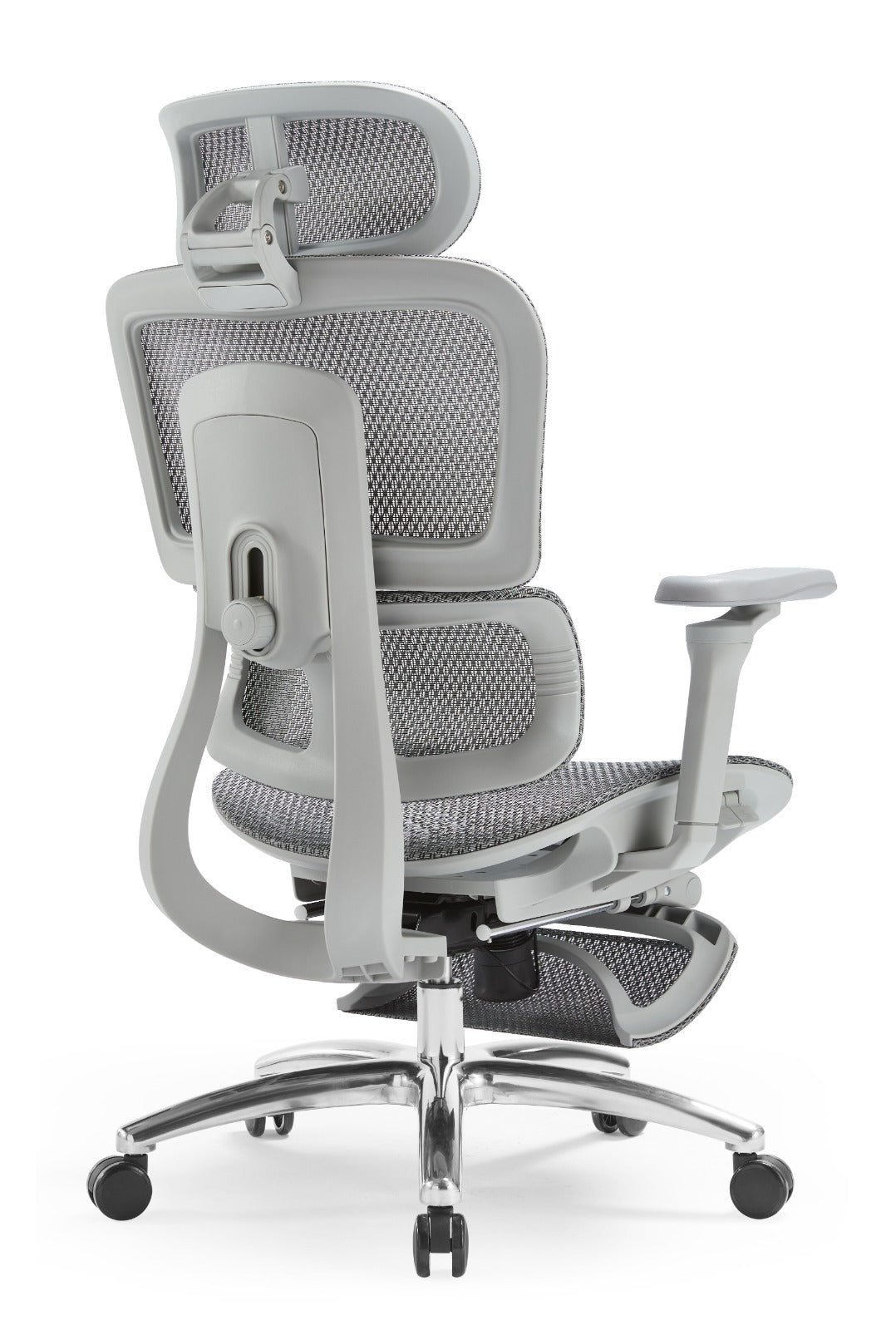 Ergonomic Executive Office Chair – Adjustable Headrest, 5D Armrests, Mesh Back, Footrest, Polished Aluminum Base – Grey - Brand New