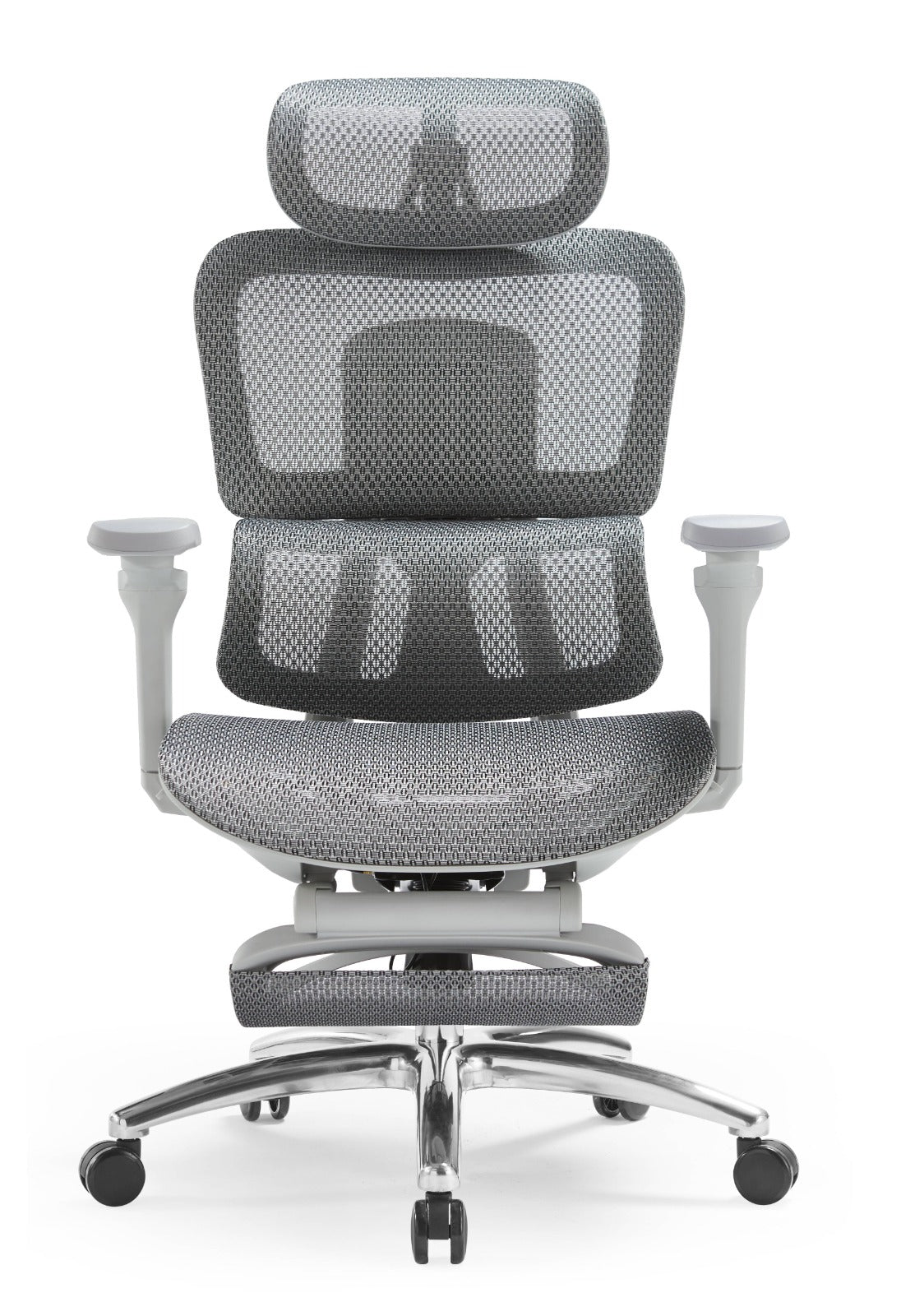 Ergonomic Executive Office Chair – Adjustable Headrest, 5D Armrests, Mesh Back, Footrest, Polished Aluminum Base – Grey - Brand New
