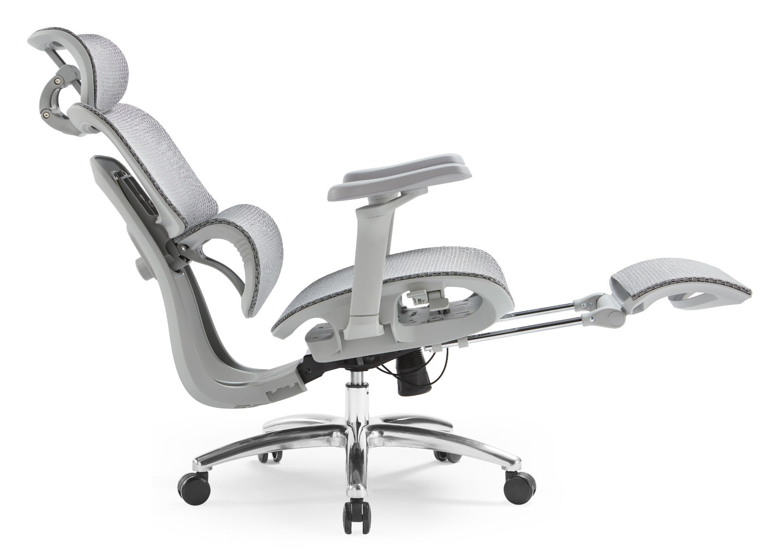 Ergonomic Executive Office Chair – Adjustable Headrest, 5D Armrests, Mesh Back, Footrest, Polished Aluminum Base – Grey - Brand New
