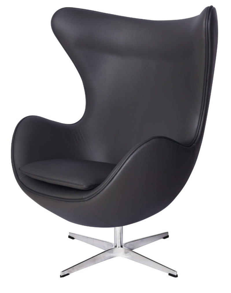 Fritz Hansen Style Egg Lounge Chair – Italian Genuine Black Leather, Fiberglass Shell, Polished Aluminium Alloy Base - Brand New