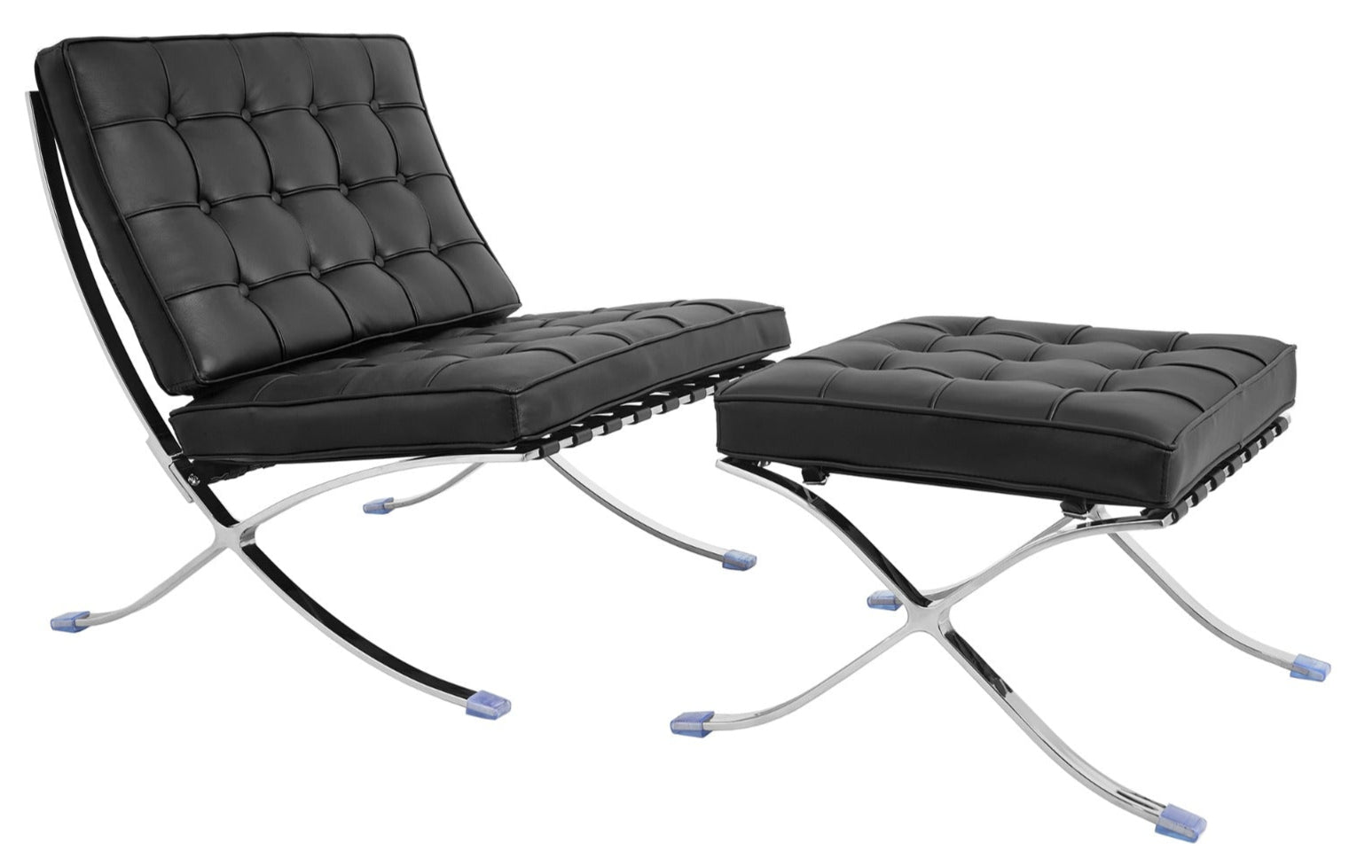 Barcelona Style Chair & Ottoman Stool Set - Black Italian Leather - Brand New