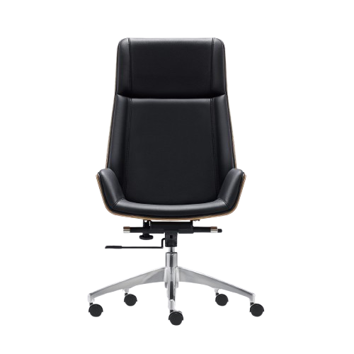 Premium High Back Office Chair – Black Italian Genuine Leather, Walnut Wood Frame & Chrome Base, Adjustable Swivel, Gas Lift & Tilt