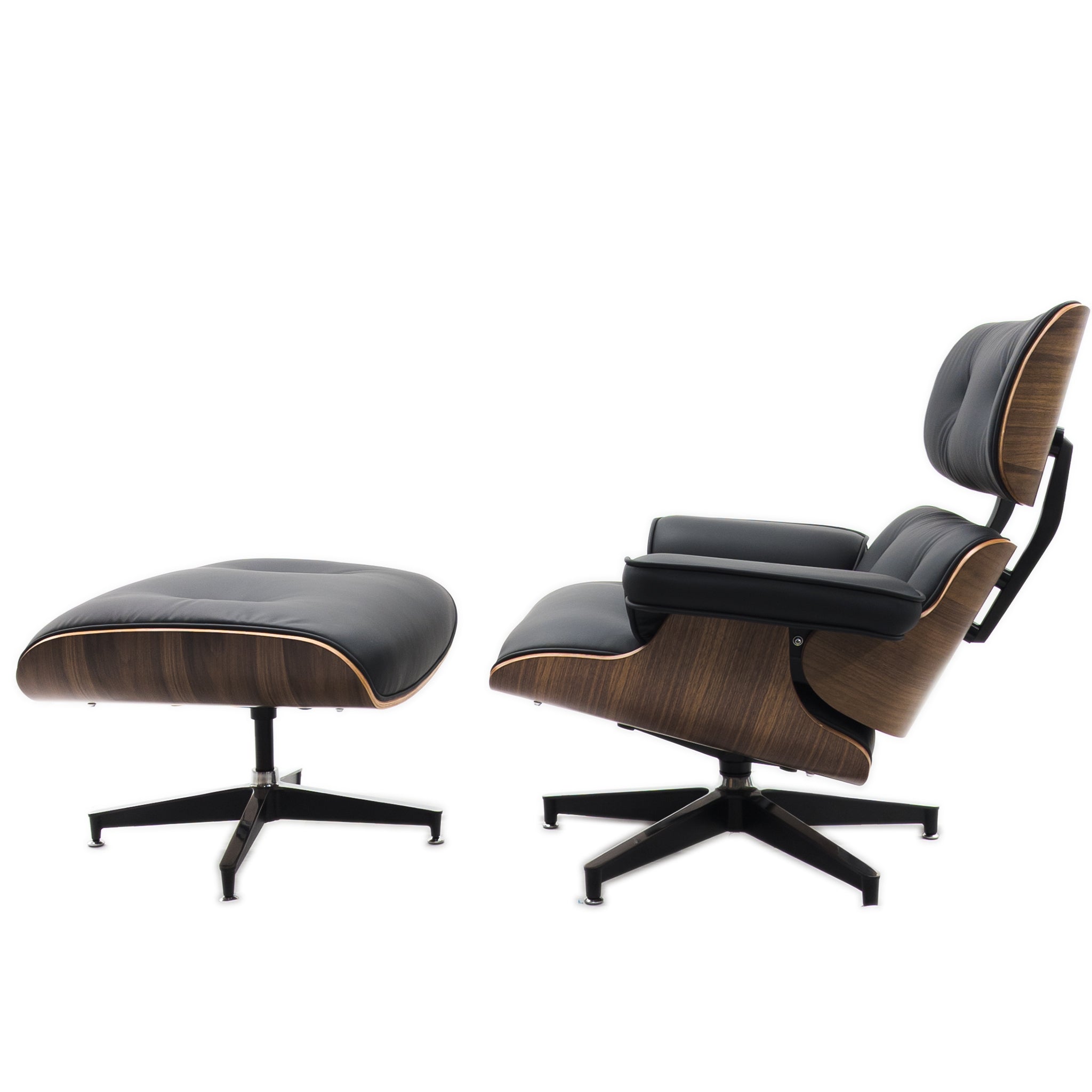 Eames Style Lounge Chair & Ottoman Walnut Wood Colour - Black Leather - Brand New