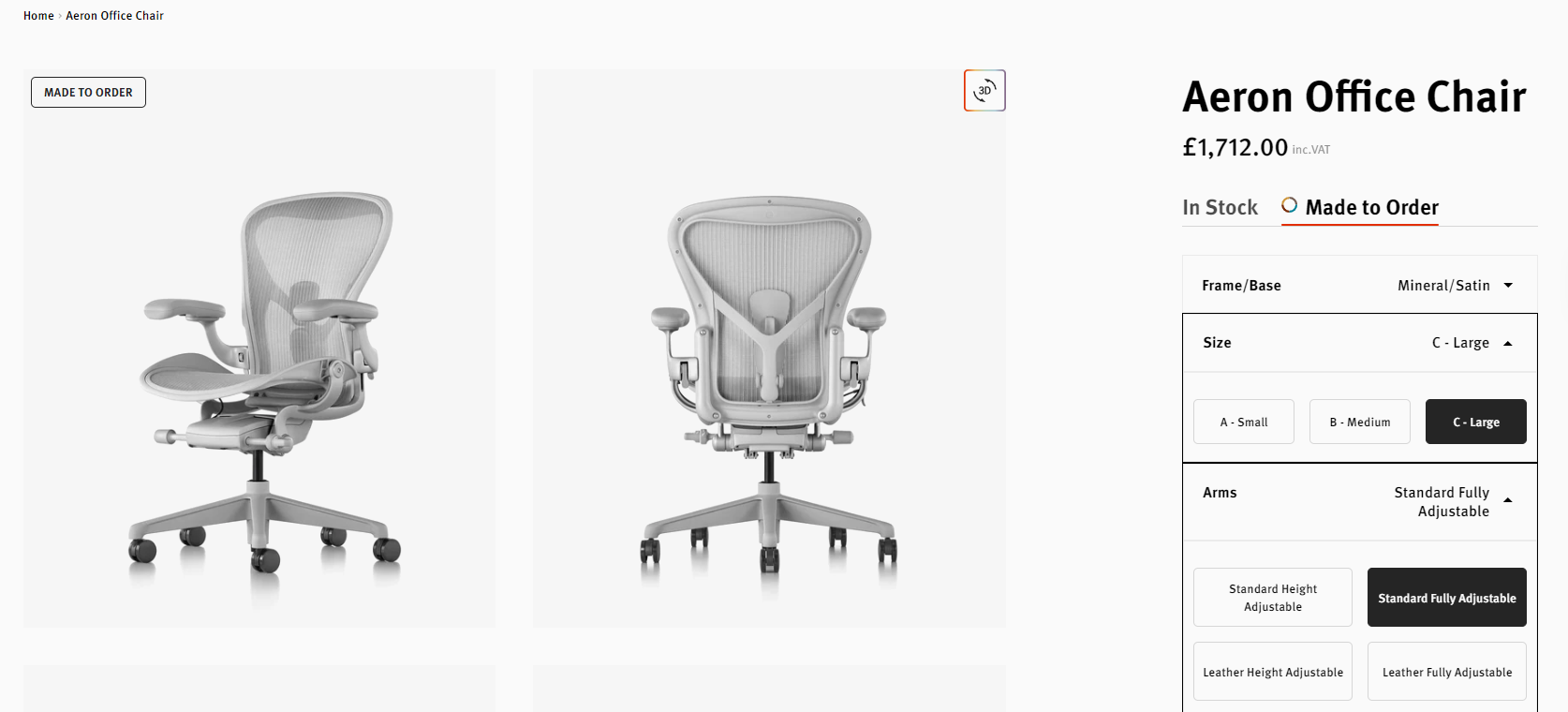 Herman Miller Aeron Remastered Posturefit SL Office Chair - Size C - FULLY LOADED (Mineral/Satin Aluminium)