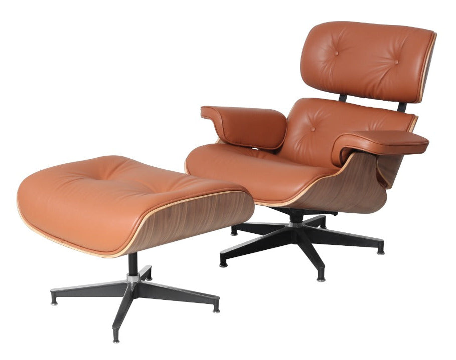 Eames Style Lounge Chair & Ottoman – Tan Italian Leather with Walnut Wood Finish (Brand New)