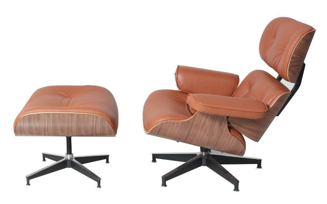 Eames Style Lounge Chair & Ottoman – Tan Italian Leather with Walnut Wood Finish (Brand New) - HM Chairs