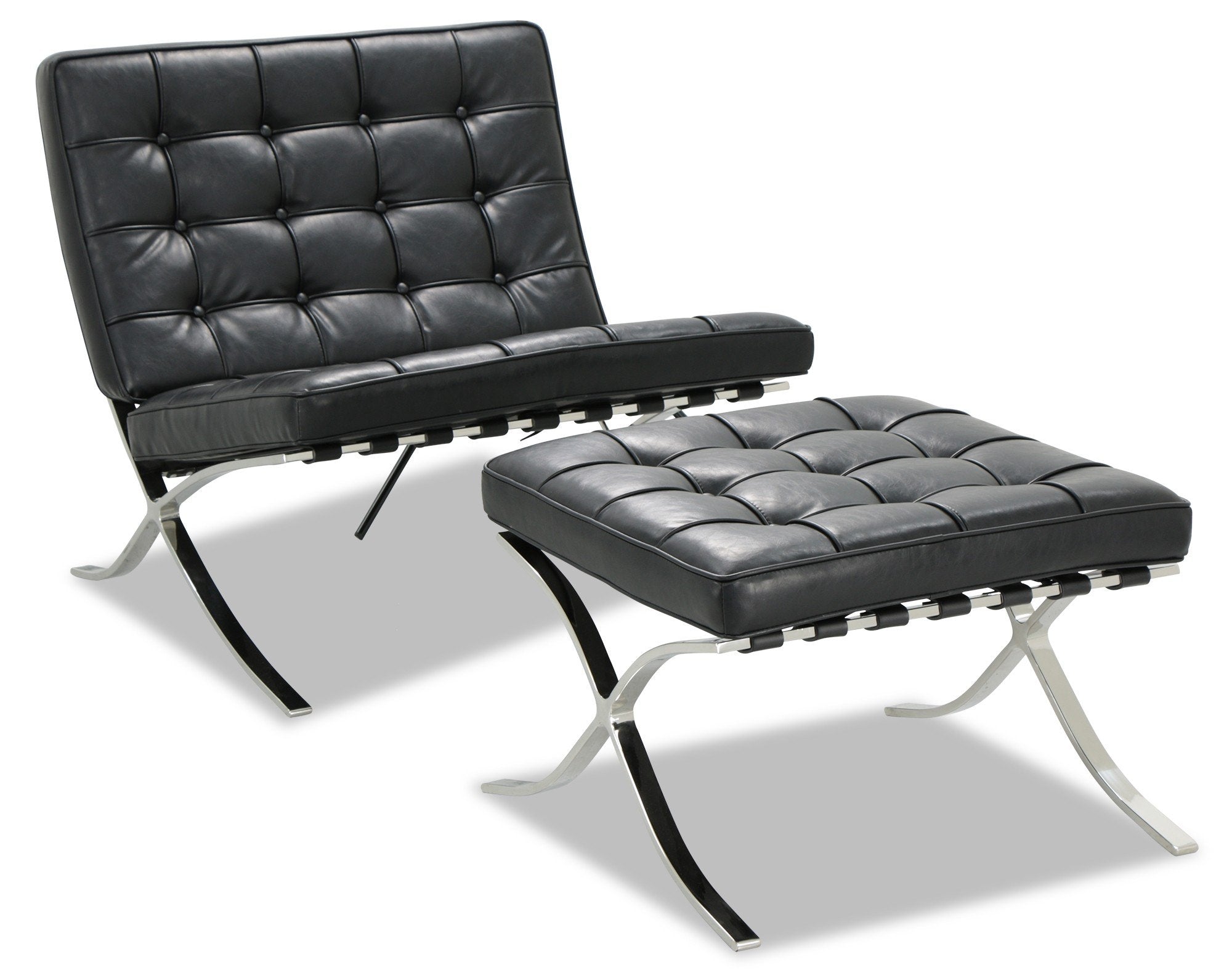 Barcelona Style Chair & Ottoman Stool Set - Black Leather - Brand New