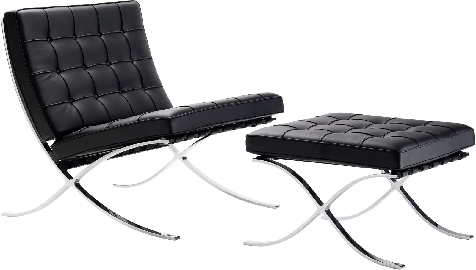 Barcelona Style Chair & Ottoman Stool Set - Black Leather - Brand New