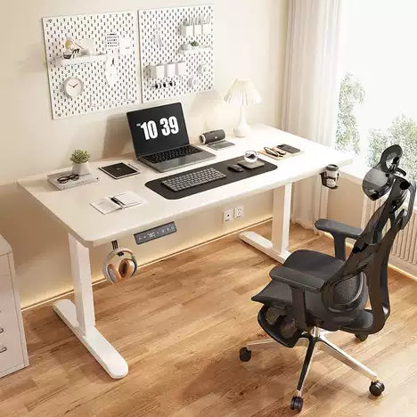 Electric Adjustable Height Desk 140x70cm – White Tabletop with White Legs