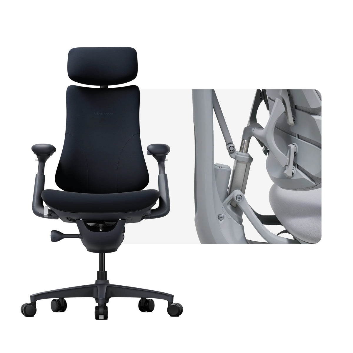 LiberNovo Omni chair in Midnight Black with a close-up of its back support mechanism