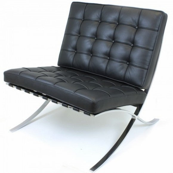 Barcelona Style Chair & Ottoman Stool Set - Black Leather - Brand New