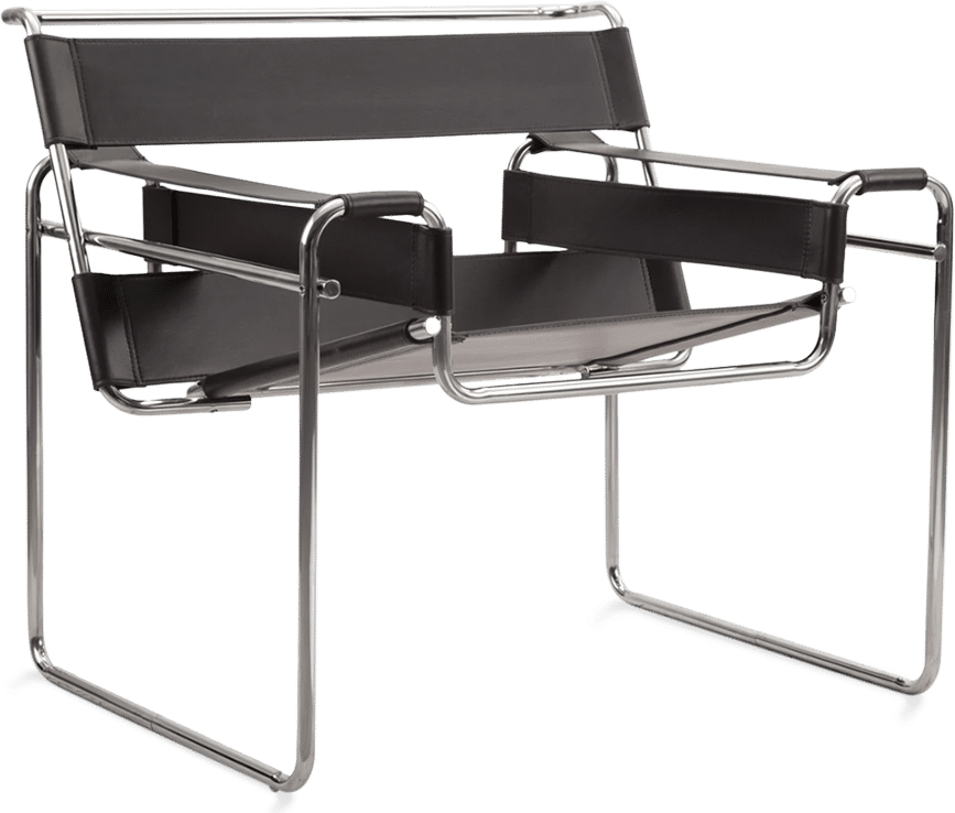 Wassily Style Lounge Chair – Black Italian Genuine Leather, Chrome Tubular Steel Frame (Brand New)